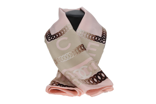 Chanel CC Chain Detail Silk Scarf With Pink Border 90cm