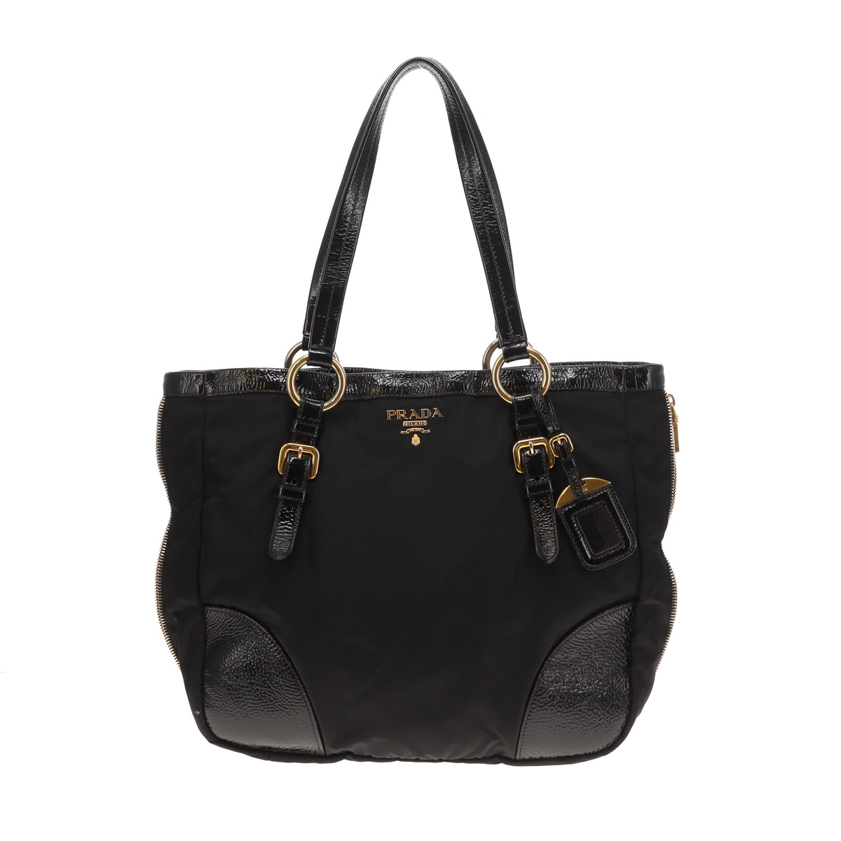 Prada Zip Around Tote Bag Black Nylon and Patent