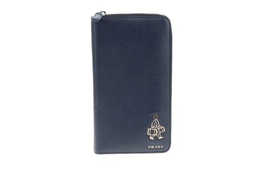 Prada Saffiano Unisex Travel Wallet Navy With Bellboy Feature
