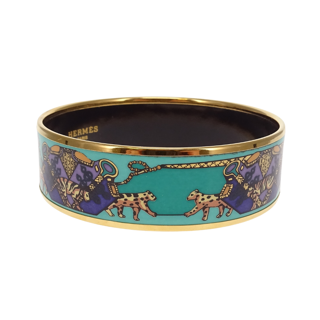 Hermes Bangle Teal Leopard Enamel Gold Plated