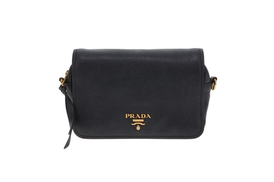 Prada Camera Bag with Flap Black Leather GHW