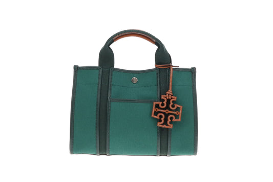 Tory Burch Tory Leather Trimmed Canvas Tote Dark Green