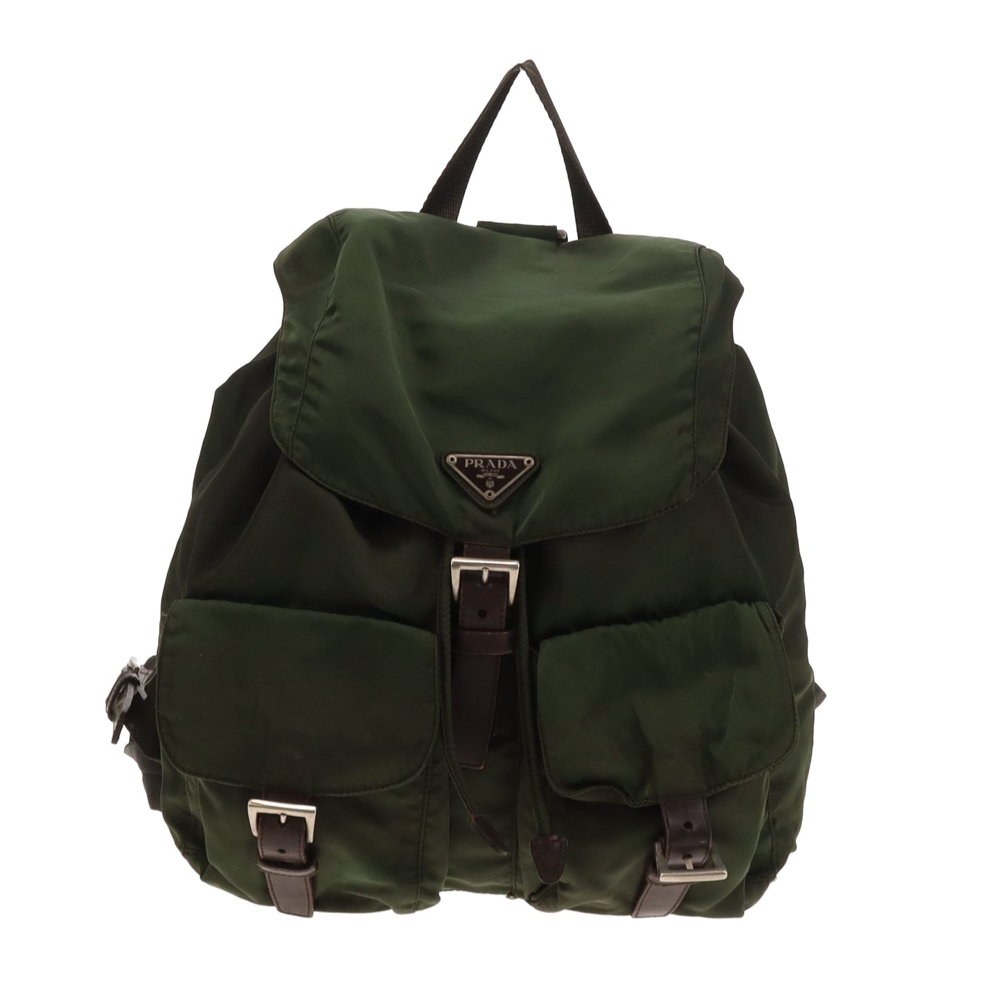 Prada Twin Pocket Backpack Green Nylon and Brown Leather