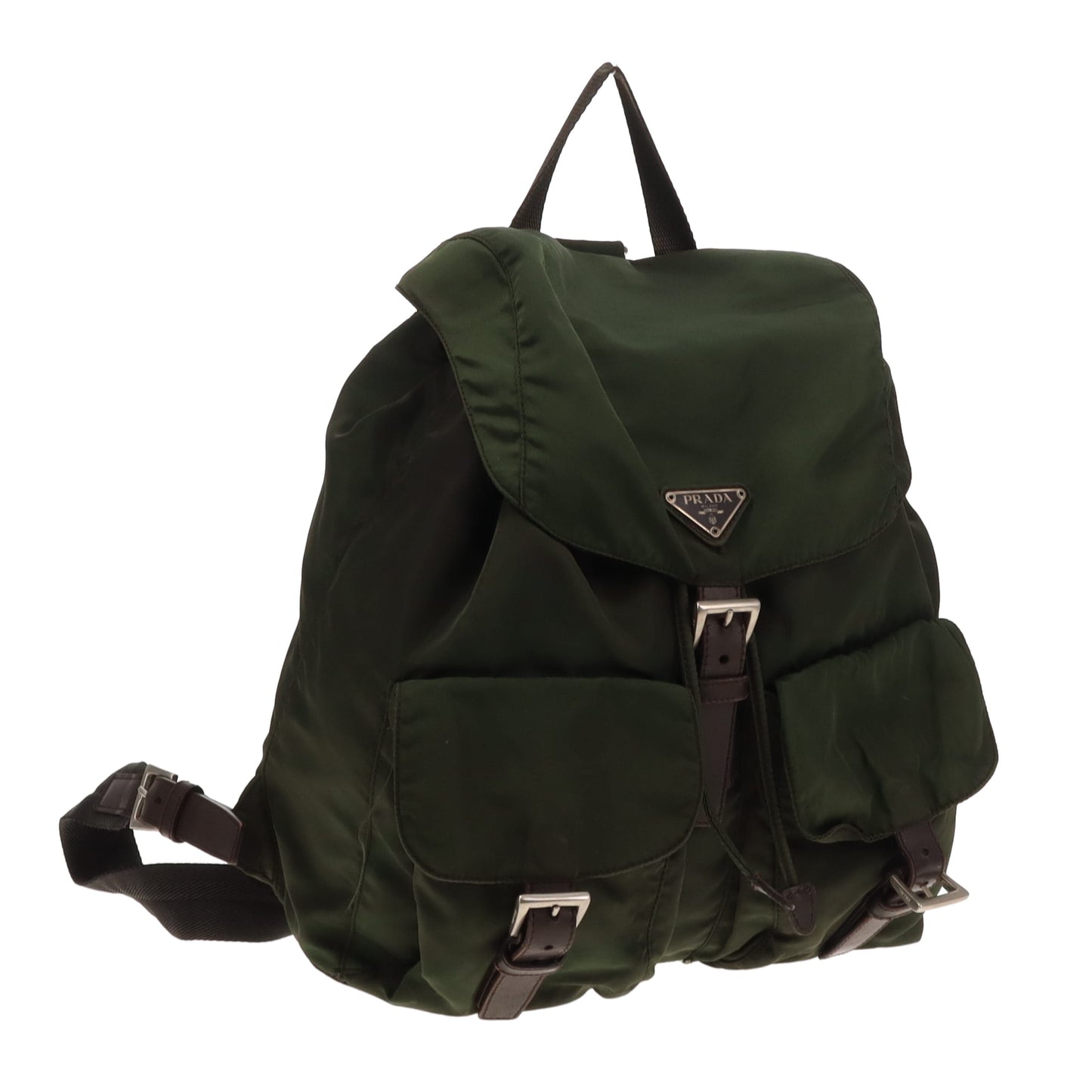 Prada Twin Pocket Backpack Green Nylon and Brown Leather