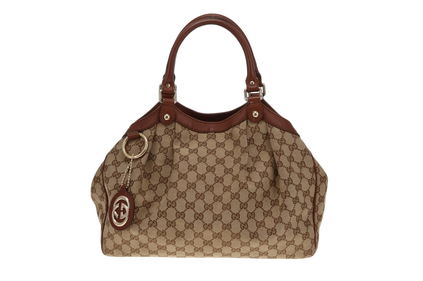 Gucci Sukey GG Canvas Tote With Brown Leather Trim Vintage