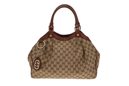 Gucci Sukey GG Canvas Tote With Brown Leather Trim Vintage