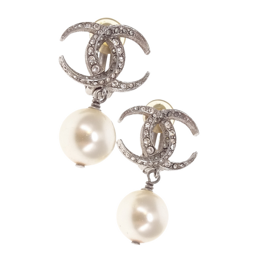 Chanel Diamante CC and Pearl Dangle Clip on Earrings