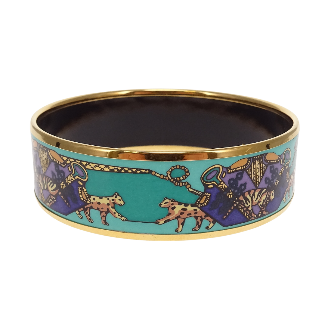 Hermes Bangle Teal Leopard Enamel Gold Plated