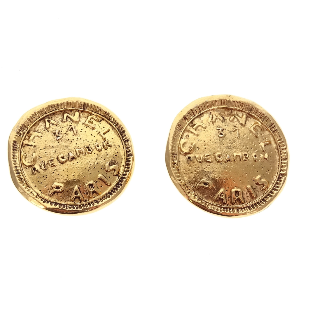 Chanel Vintage Rue Cambon Goldtone Coin Clip On Earrings