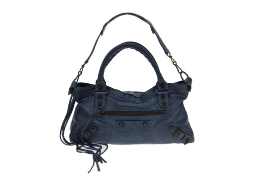 Balenciaga Denim Blue Distressed Leather City Bag