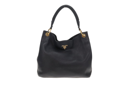 Prada Vitello Daino Hobo In Black Pebbled Leather