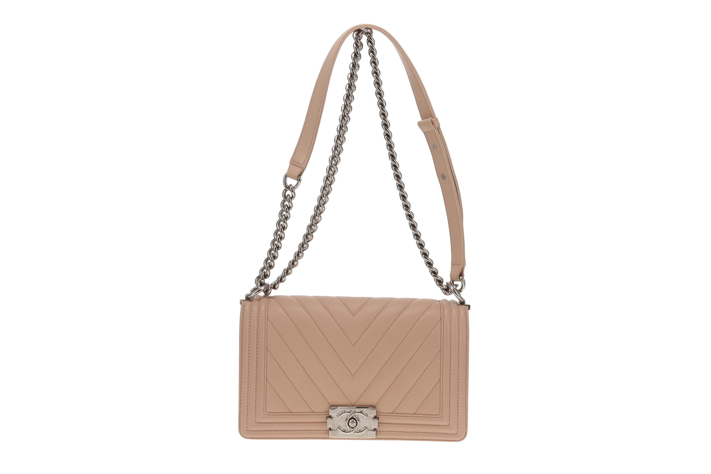 Chanel Boy Bag New Medium Beige Chevron With Silver Hardware 2016