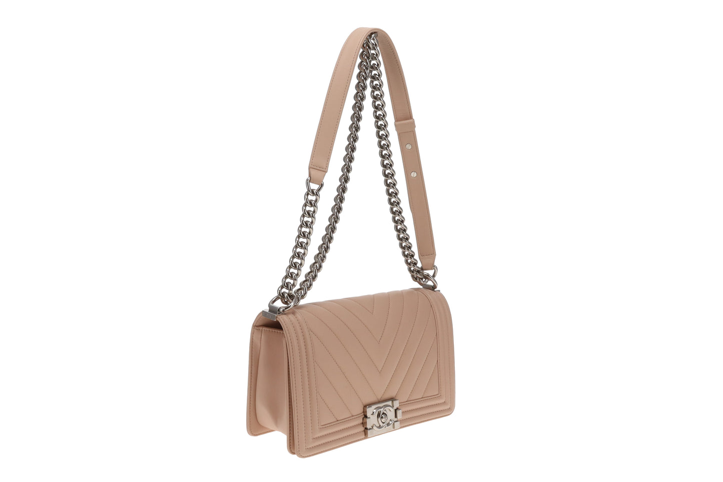 Chanel Boy Bag New Medium Beige Chevron With Silver Hardware 2016