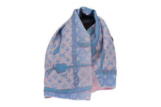 Louis Vuitton Silk Scarf 70cm Blue & Pink Monogram Straps
