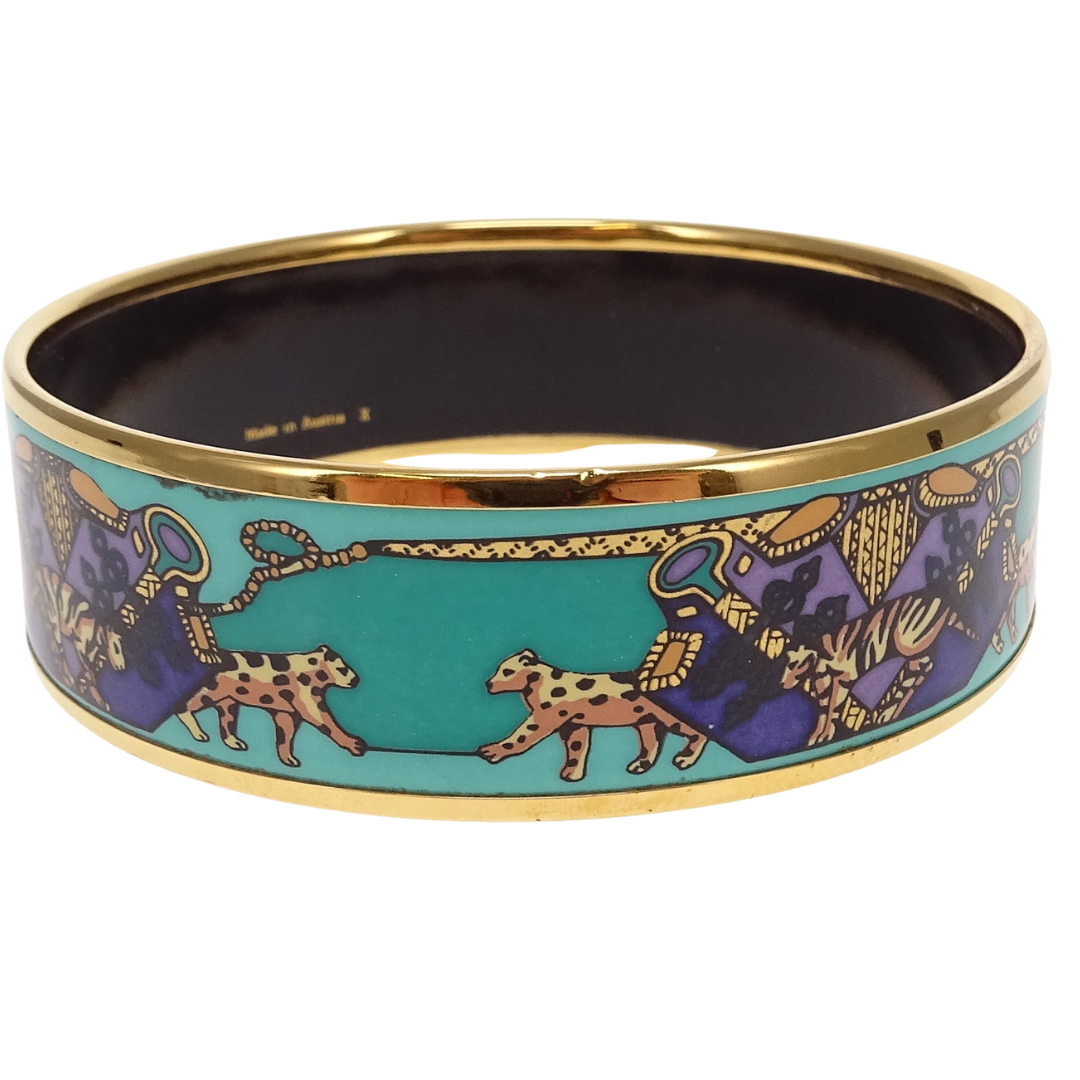Hermes Bangle Teal Leopard Enamel Gold Plated