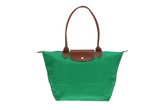 Longchamp Medium Le Pliage In Green With Brown Leather Trims
