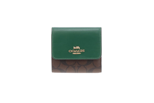 Coach Signature Tri Fold Wallet In Brown & Dark Pine