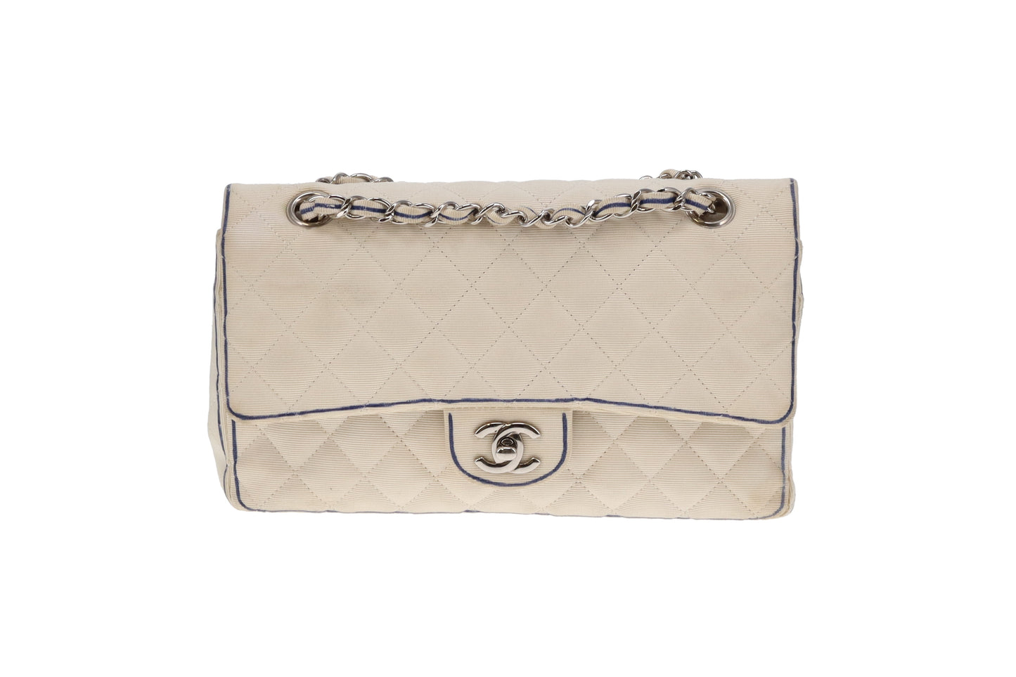 Chanel Off White Grosgrain and Navy Edge Detail Classic Medium Double Flap Bag 2014