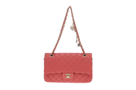 Chanel Rose Pink Lambskin Valentine Charms Classic Medium Single Flap 2014