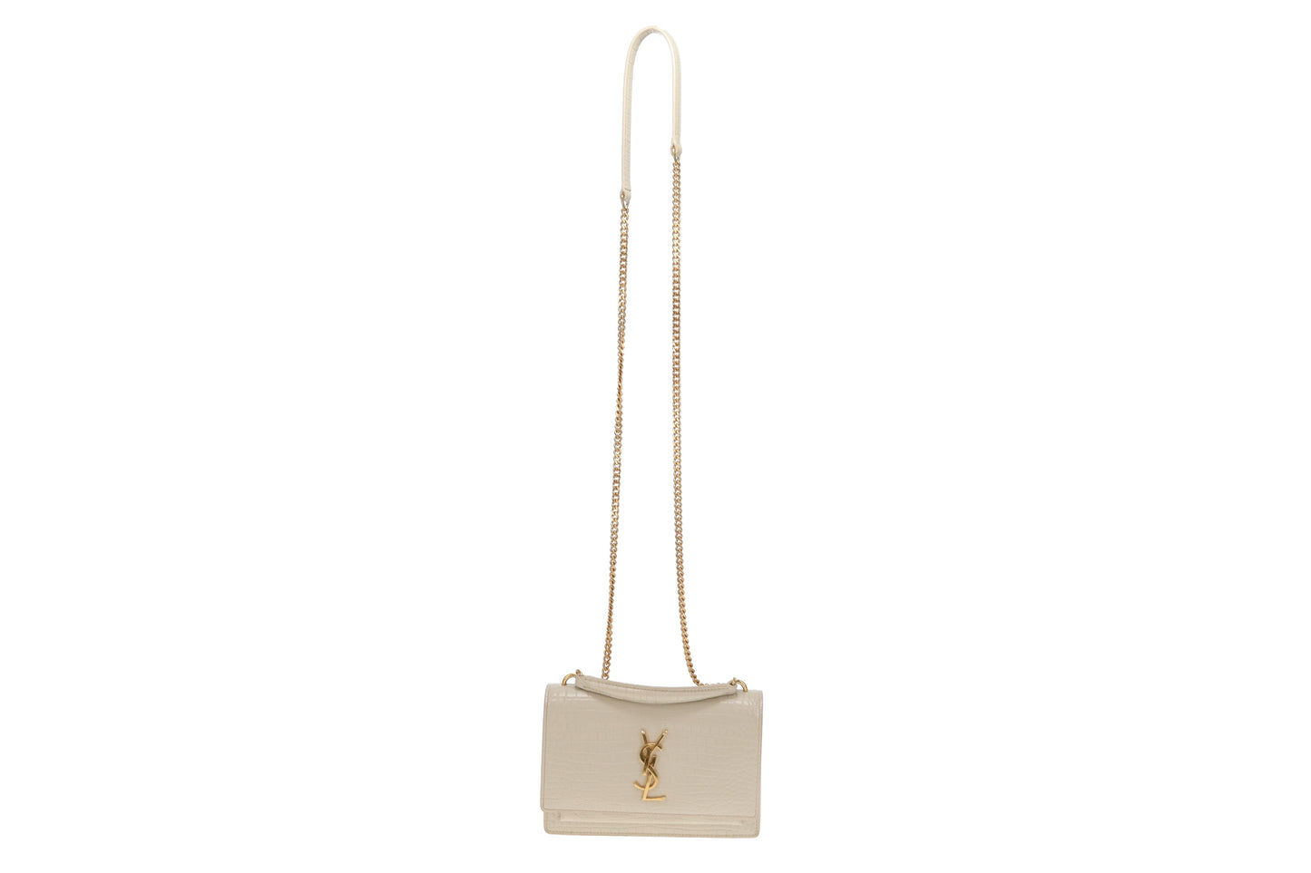 Saint Laurent Sunset Chain Wallet Cream Croc-Embossed GHW 2022