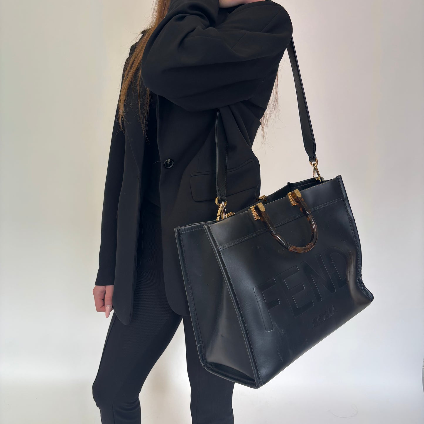 Fendi Black Calfskin Medium Sunshine Tote with Strap