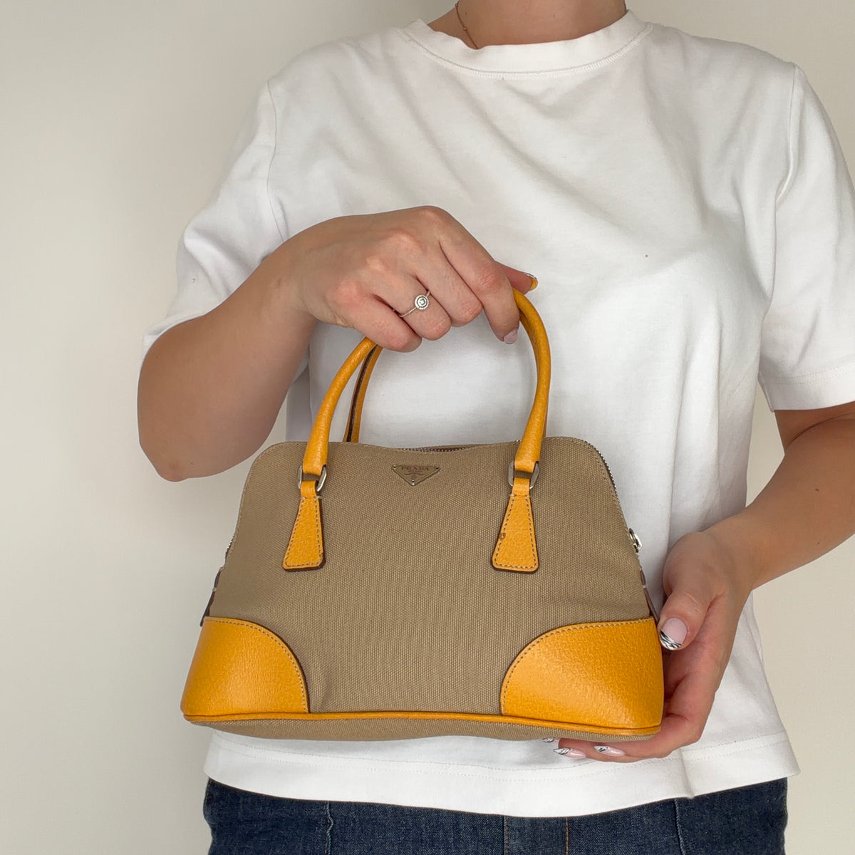 Prada Canvas Dome Bag With Yellow Leather Trims Small