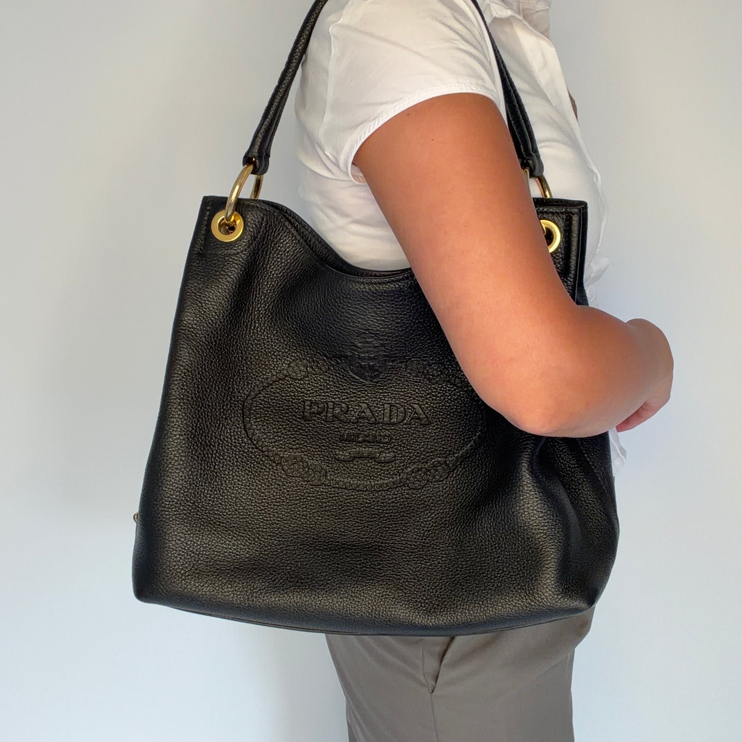 Prada Logo Embossed Shoulder Bag Black GHW