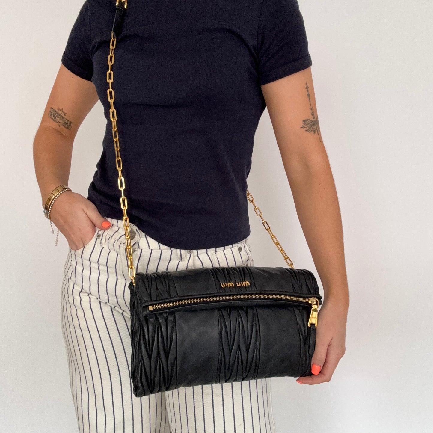 Miu Miu Two Way Crossbody Clutch Black Matelasse Leather