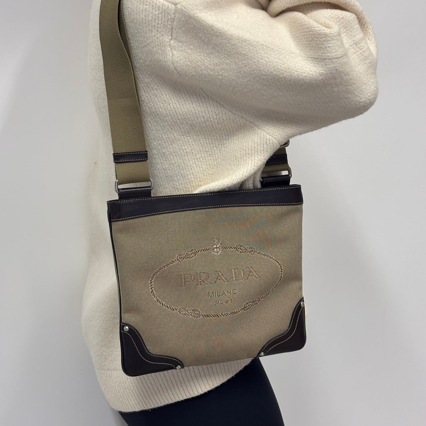 Prada Brown Canvas & Leather Slim Messenger Bag Vintage