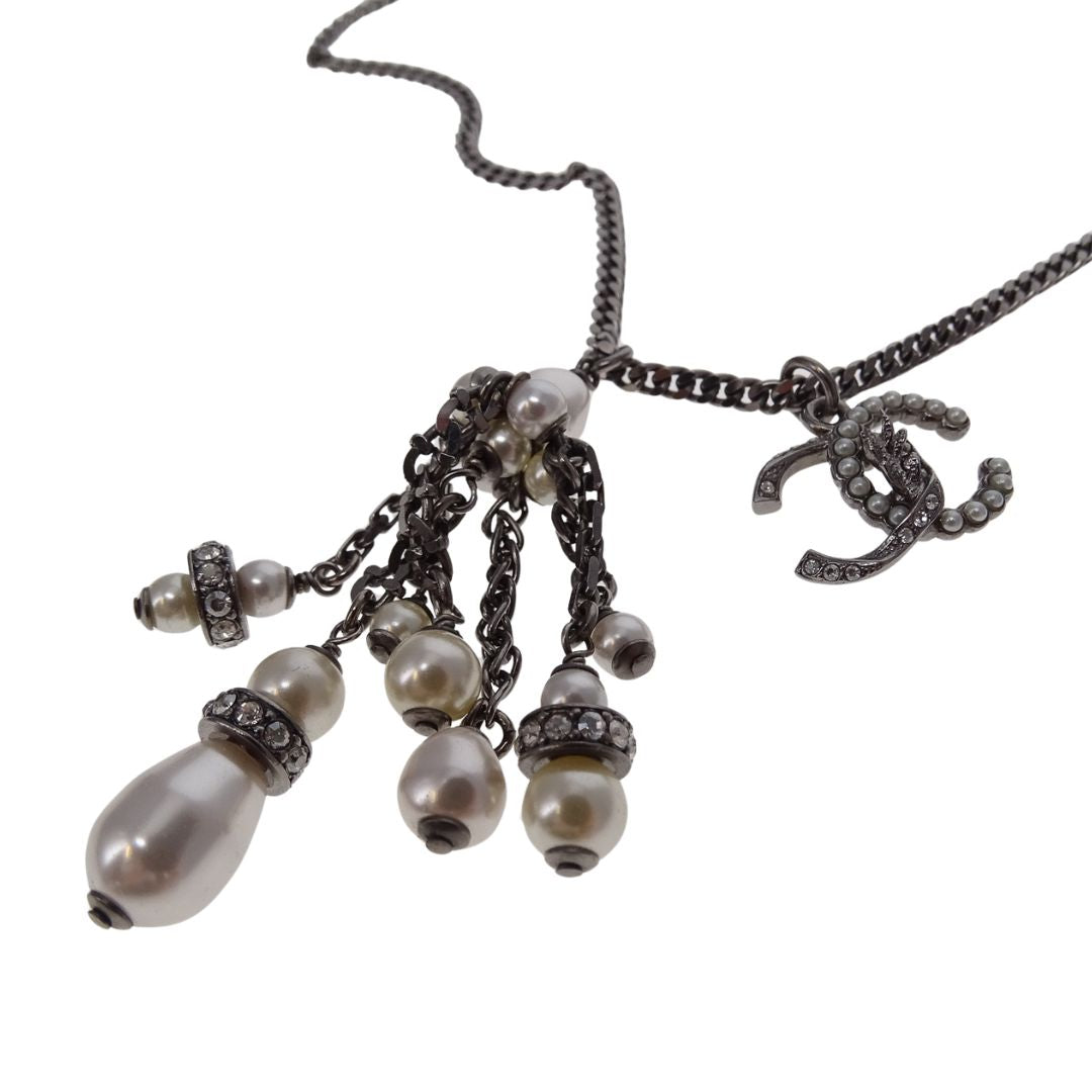 Chanel Ruthenium & Costume Pearl Cluster Pendant Necklace Short