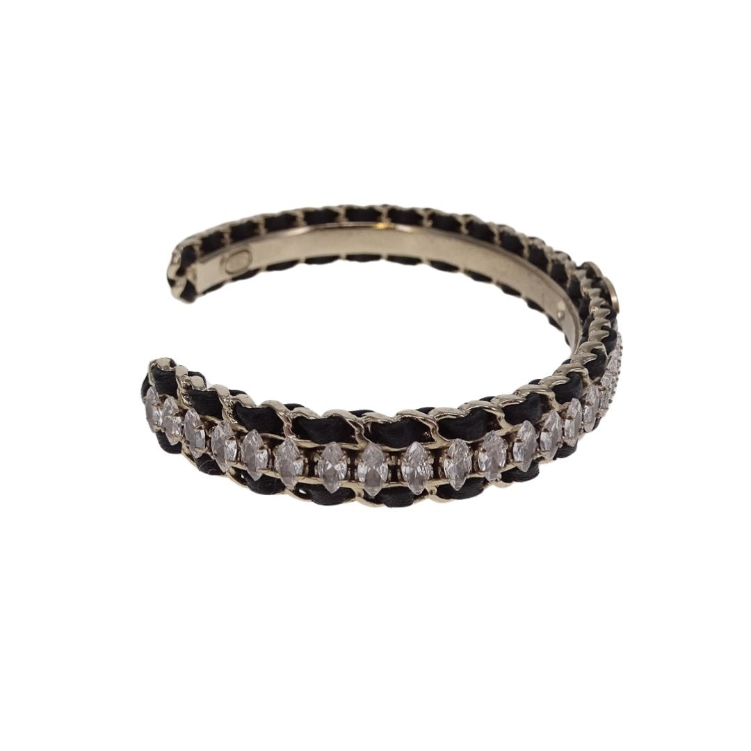 Chanel Strass and Leather Woven Thin Cuff (S) 2023
