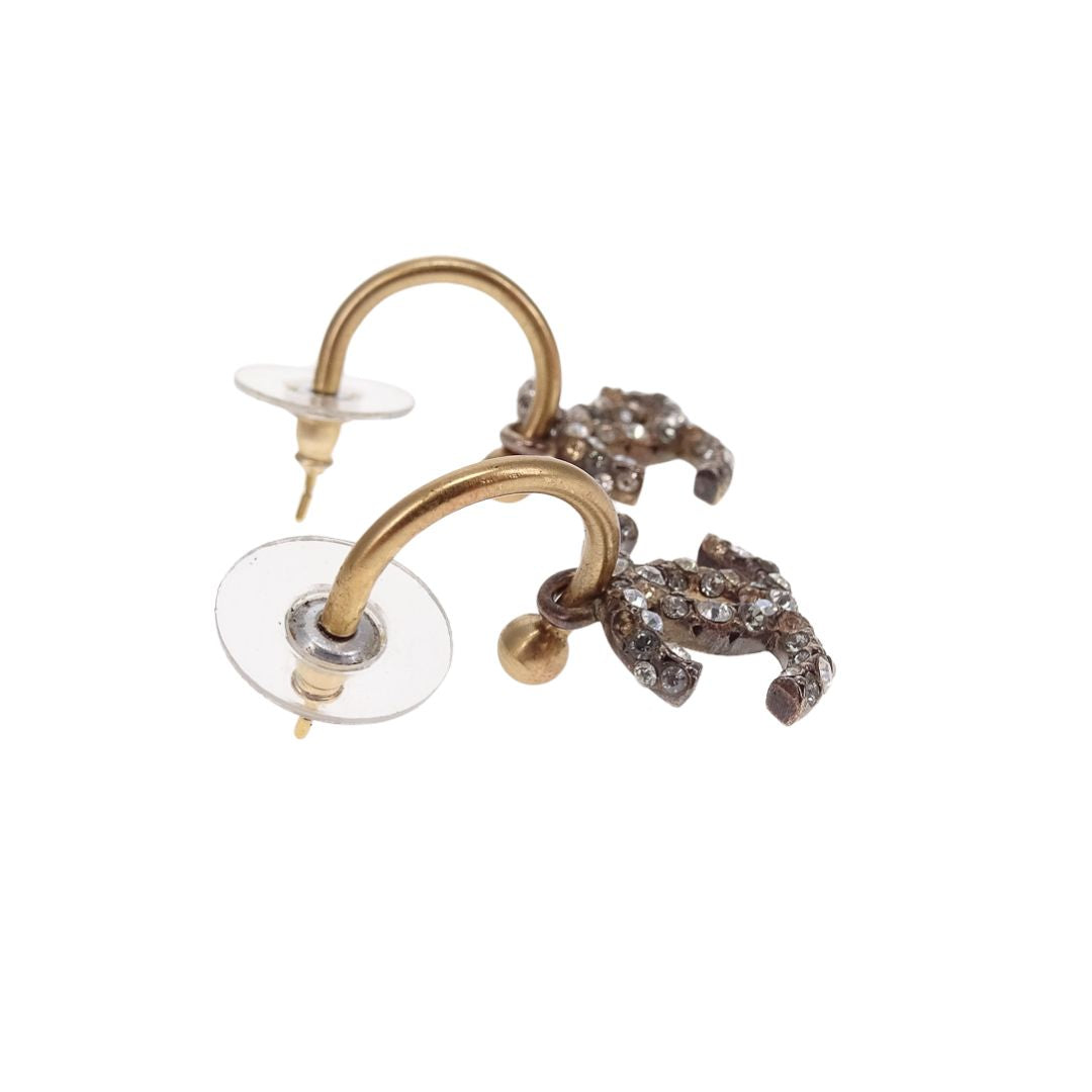 Chanel Earrings Goldtone CC Dangle Hook and Strass