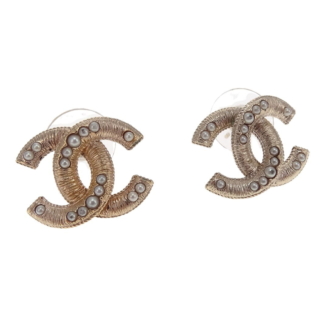 Chanel CC Large Studs Pearl and Goldtone 2016