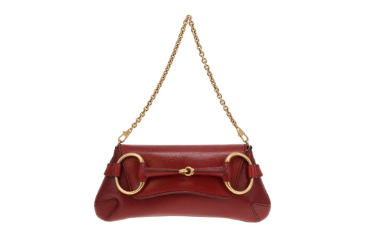 Gucci Horsebit Clutch On Chain In Red Textured Leather Vintage