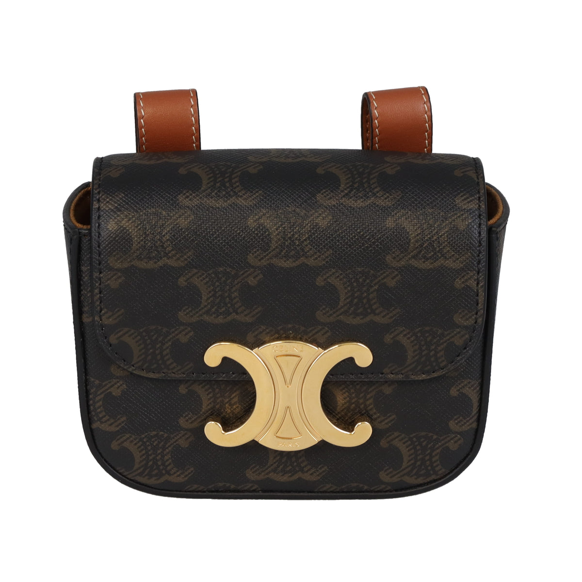 Celine Belt Pouch Mini Triomphe Canvas and Tan Calfskin 75cm