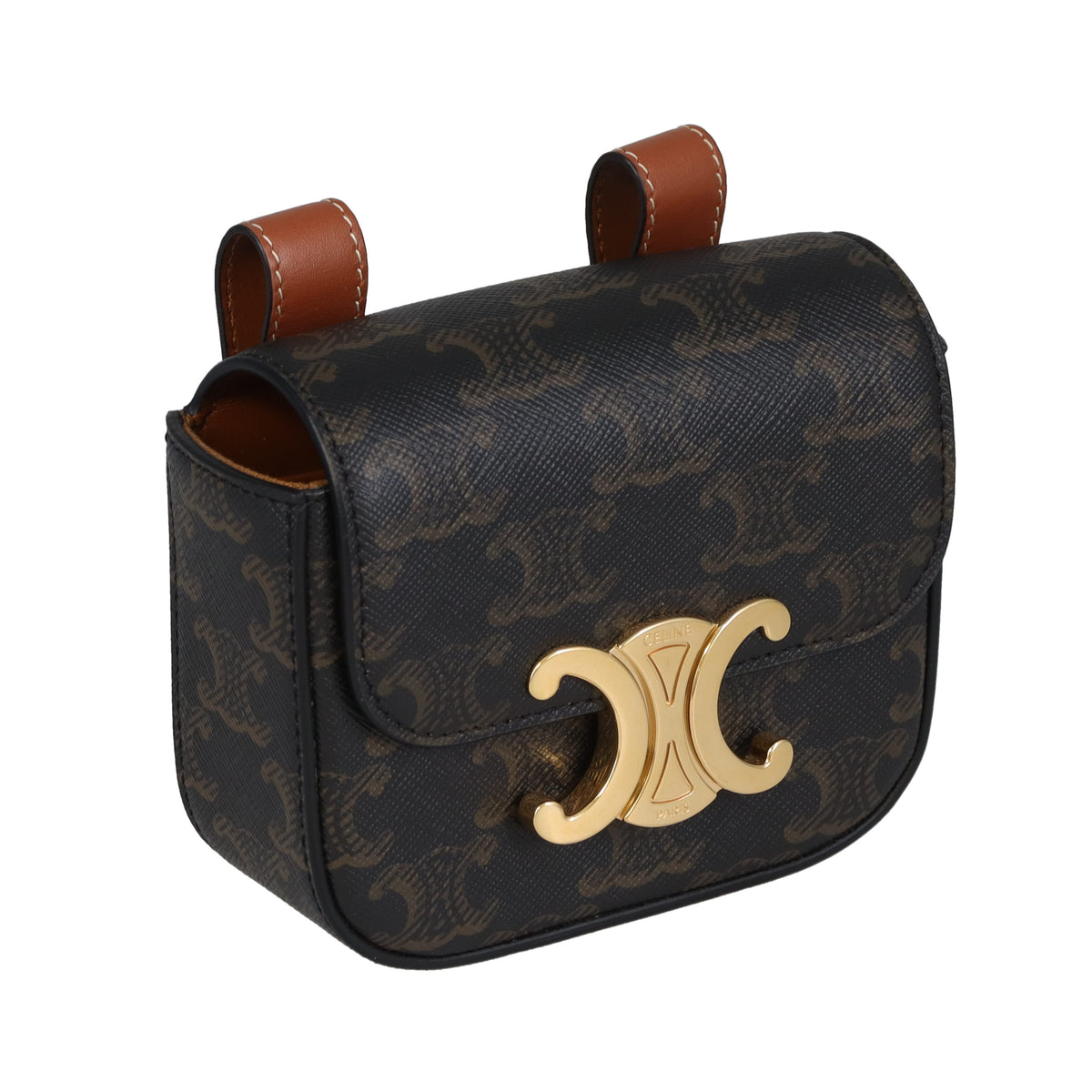 Celine Belt Pouch Mini Triomphe Canvas and Tan Calfskin 75cm