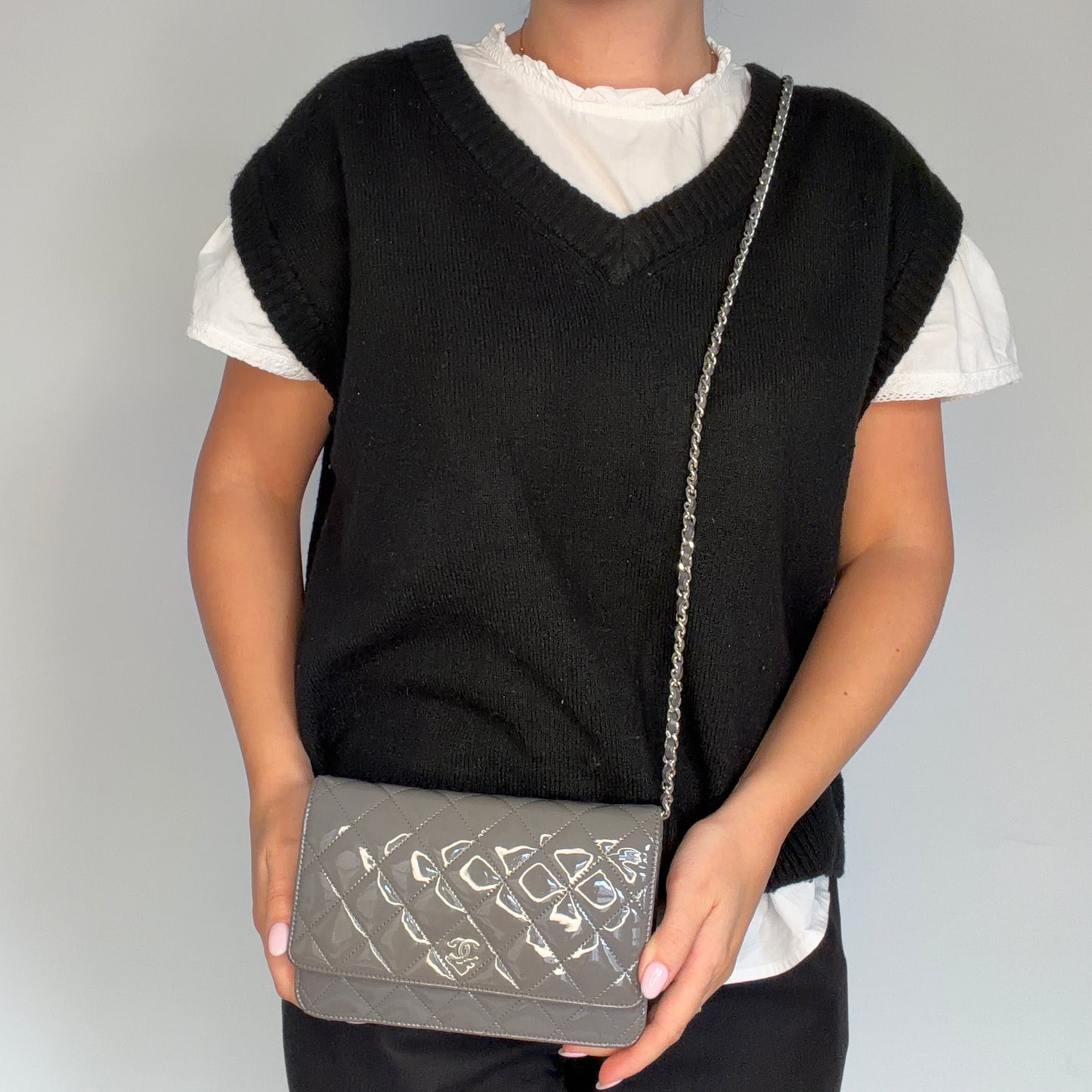 Chanel Wallet on Chain Classic Grey Patent SHW 2016