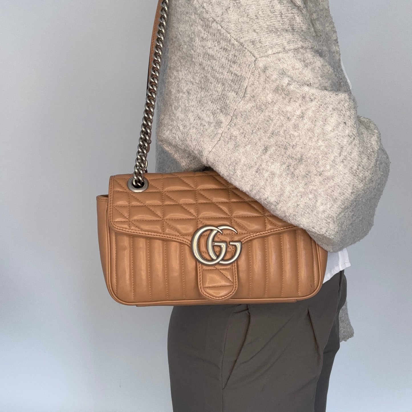 Gucci Marmont Small Mixed Quilt Dark Beige SHW