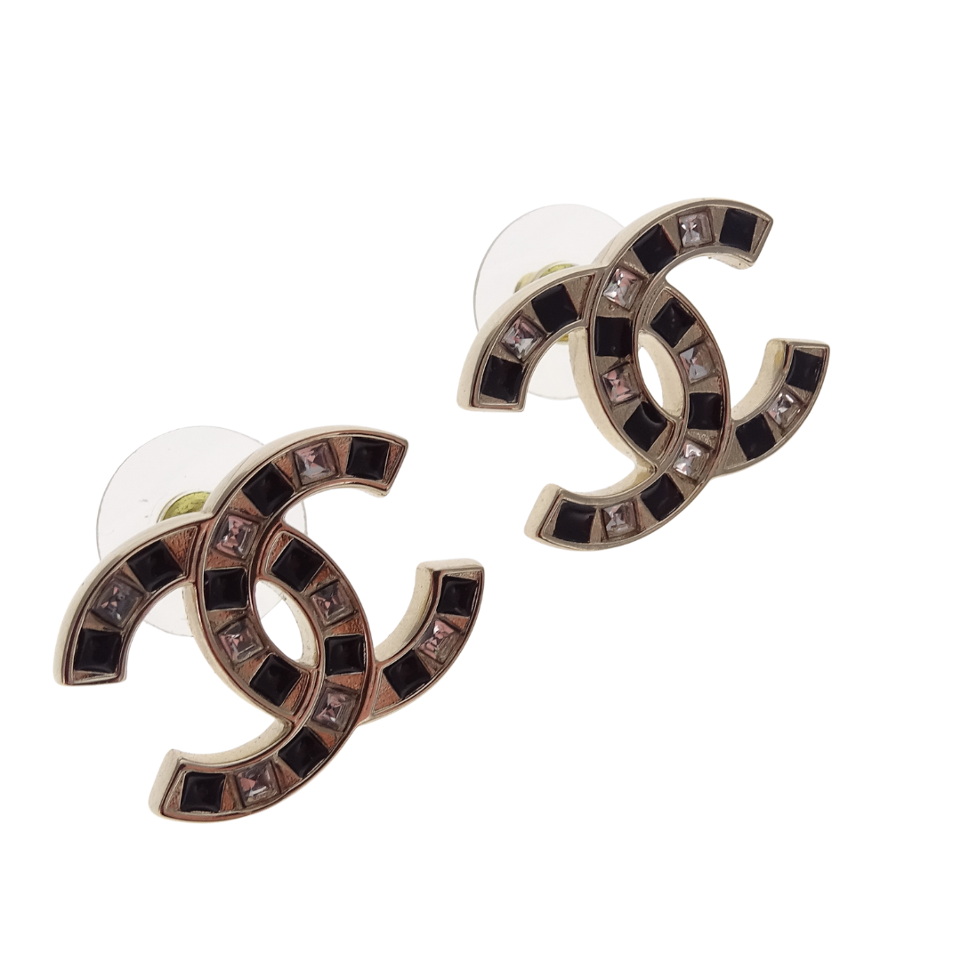 Chanel Earrings CC Large Goldtone, Black Enamel and Crystal 2025