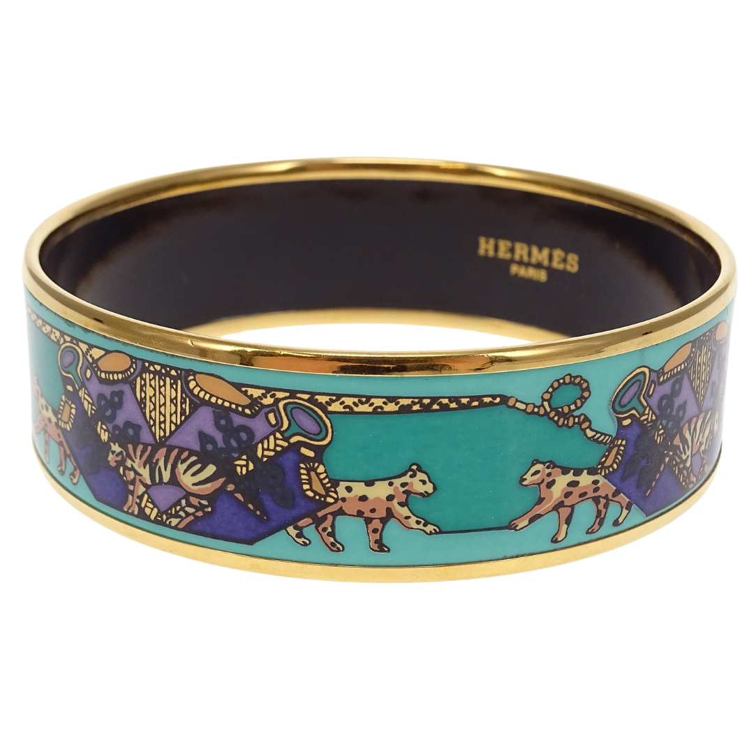 Hermes Bangle Teal Leopard Enamel Gold Plated