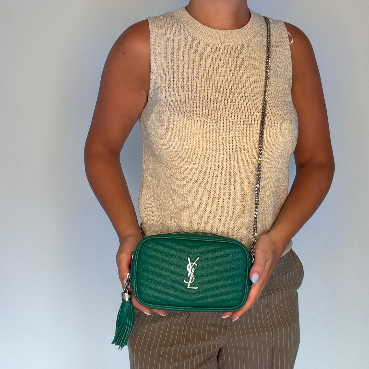 Saint Laurent Sac appareil photo Lou Mini Vert Quincaillerie Argentée Hiver 2021