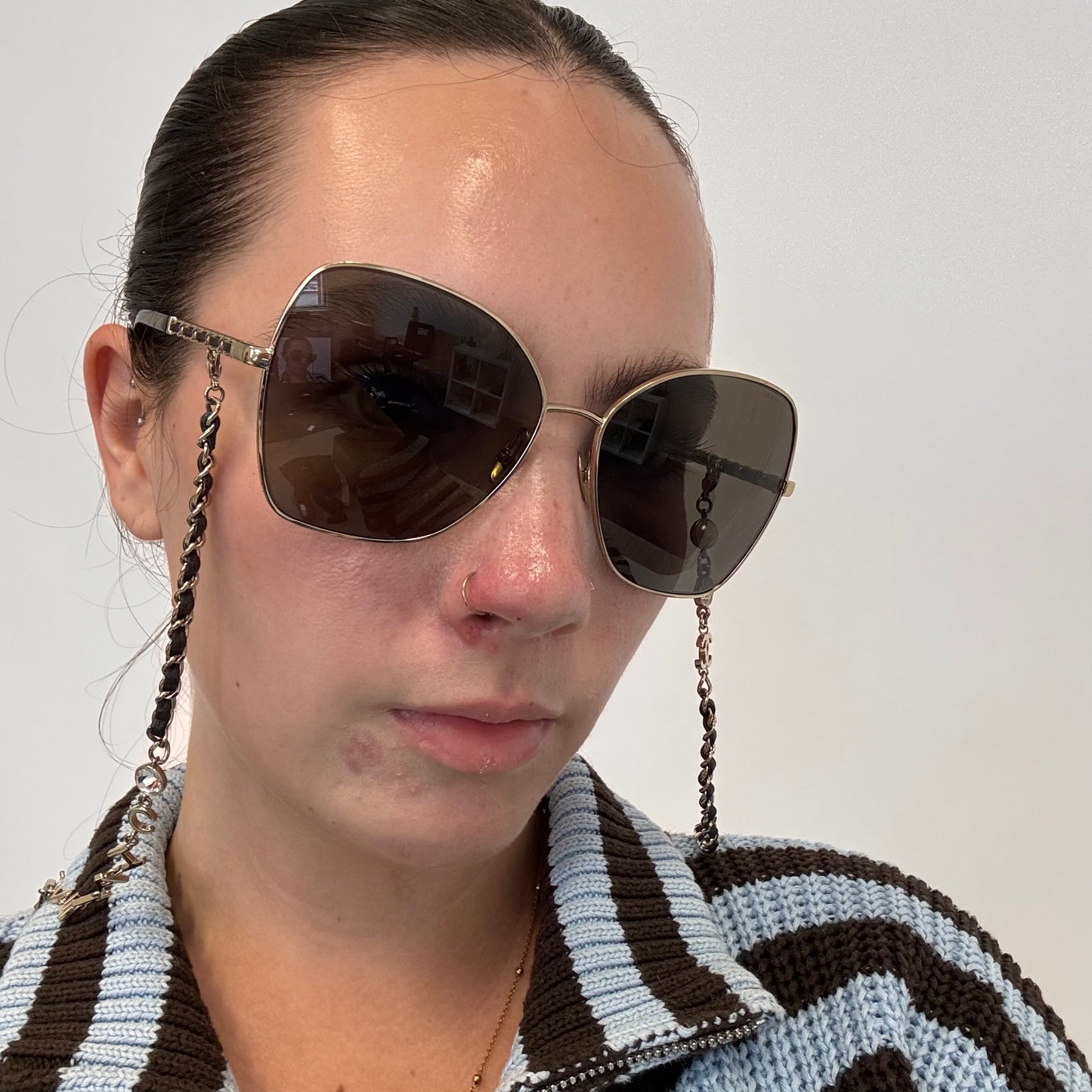 Chanel Sunglasses with Chain Pale Gold and Brown with Logo Charm Chain