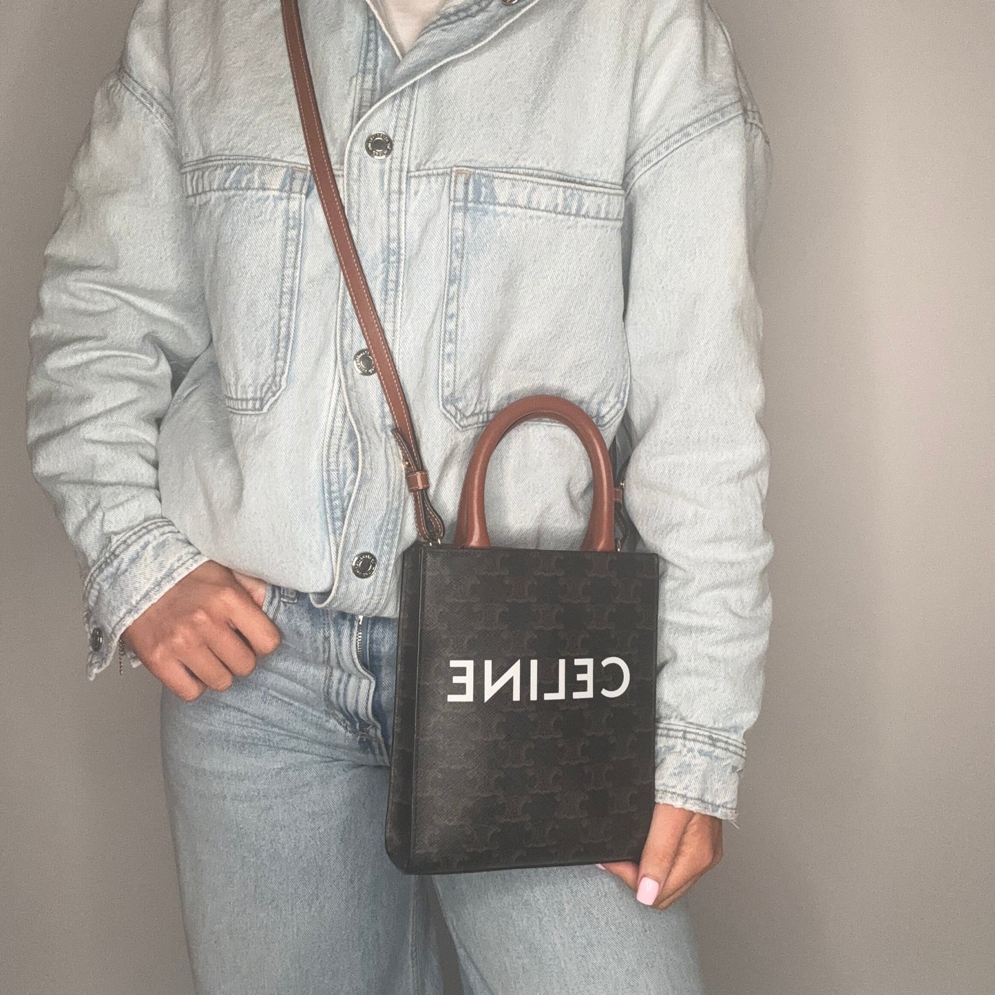 Celine Vertical Cabas Tote Mini Triomphe Canvas and Tan Leather 2021