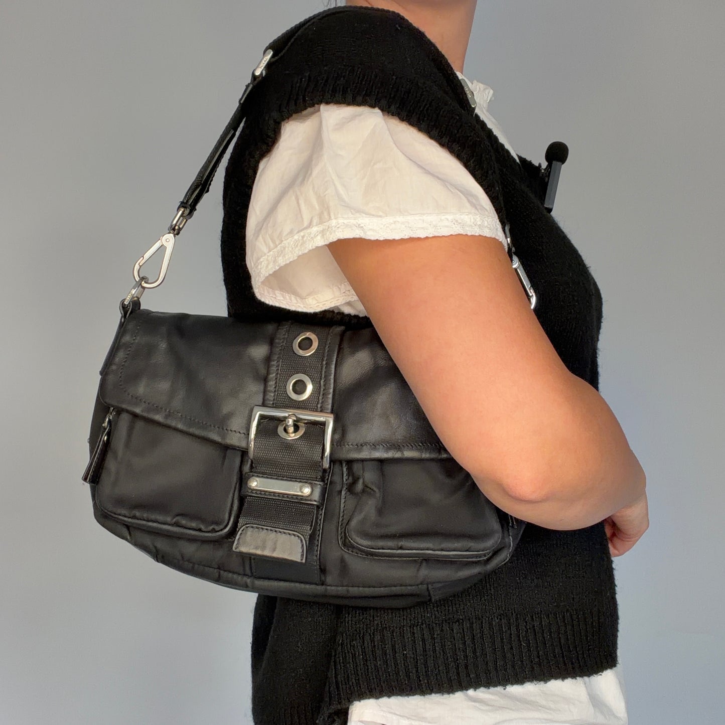Prada Antic Pushlock Side Pocket Hobo Black