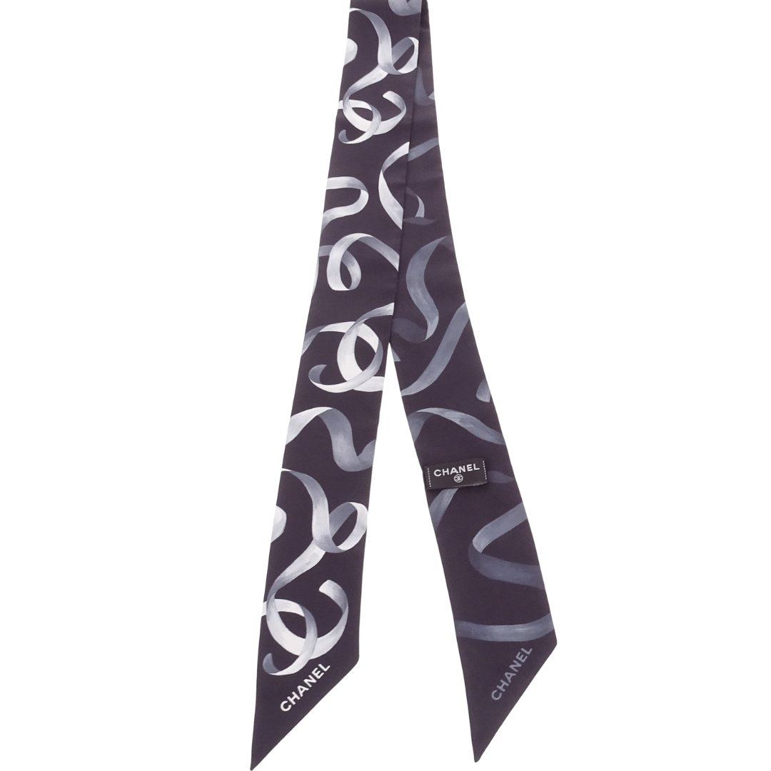 Chanel Twilly Black Ribbon Print 100% Silk