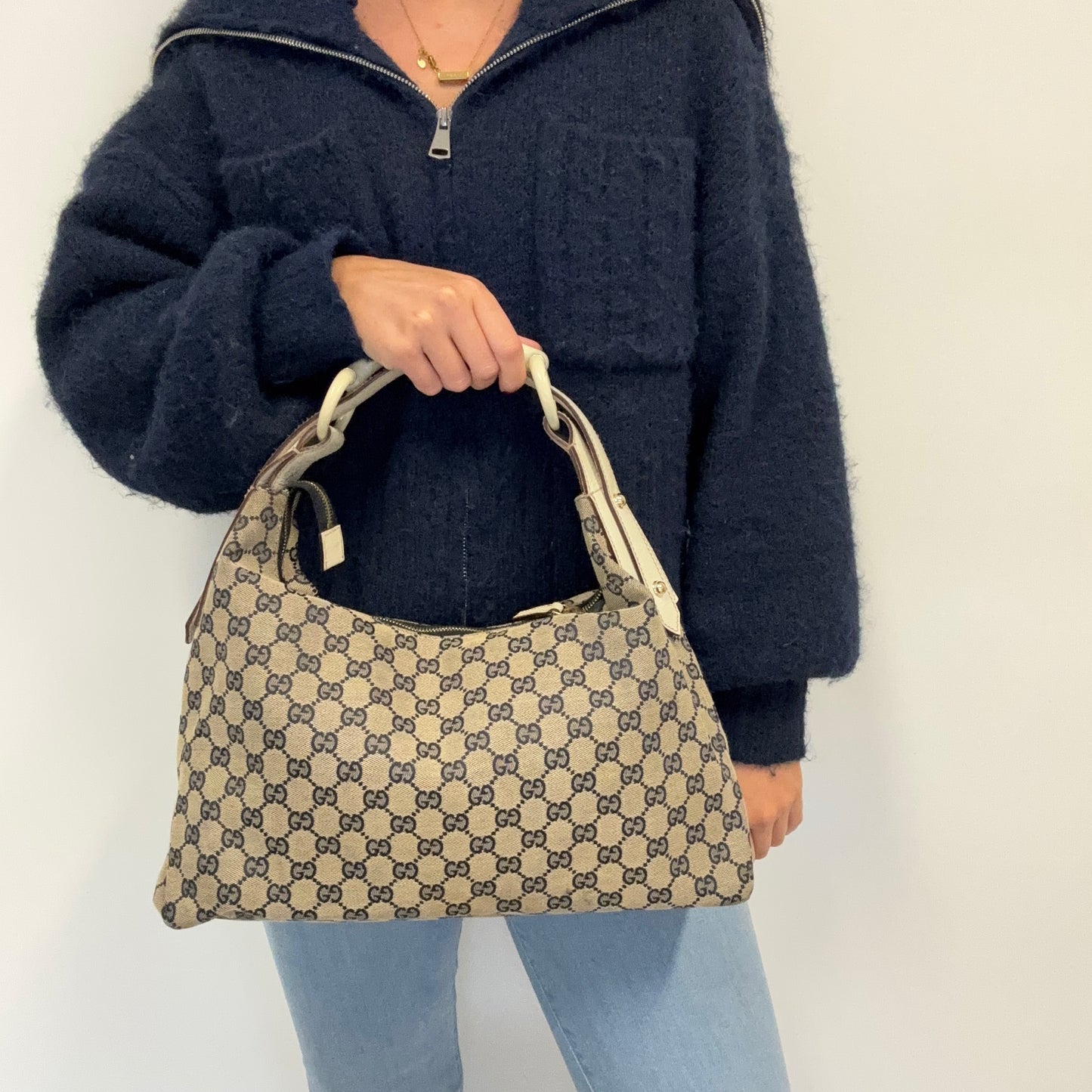 Gucci Horsebit Hobo Navy GG & Ivory Leather Vintage