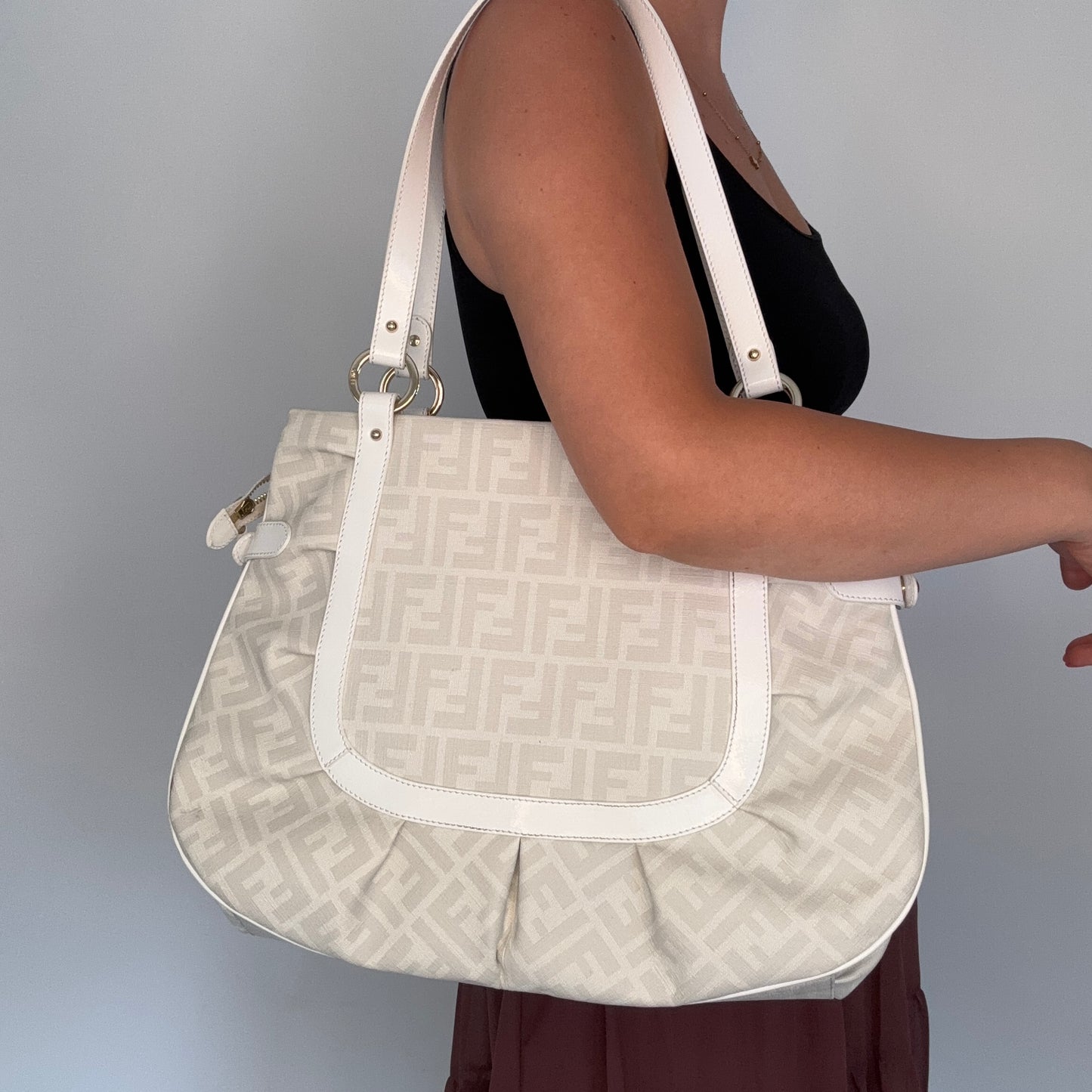 Fendi Shoulder Bag White Zucca Coated Canvas and Leather