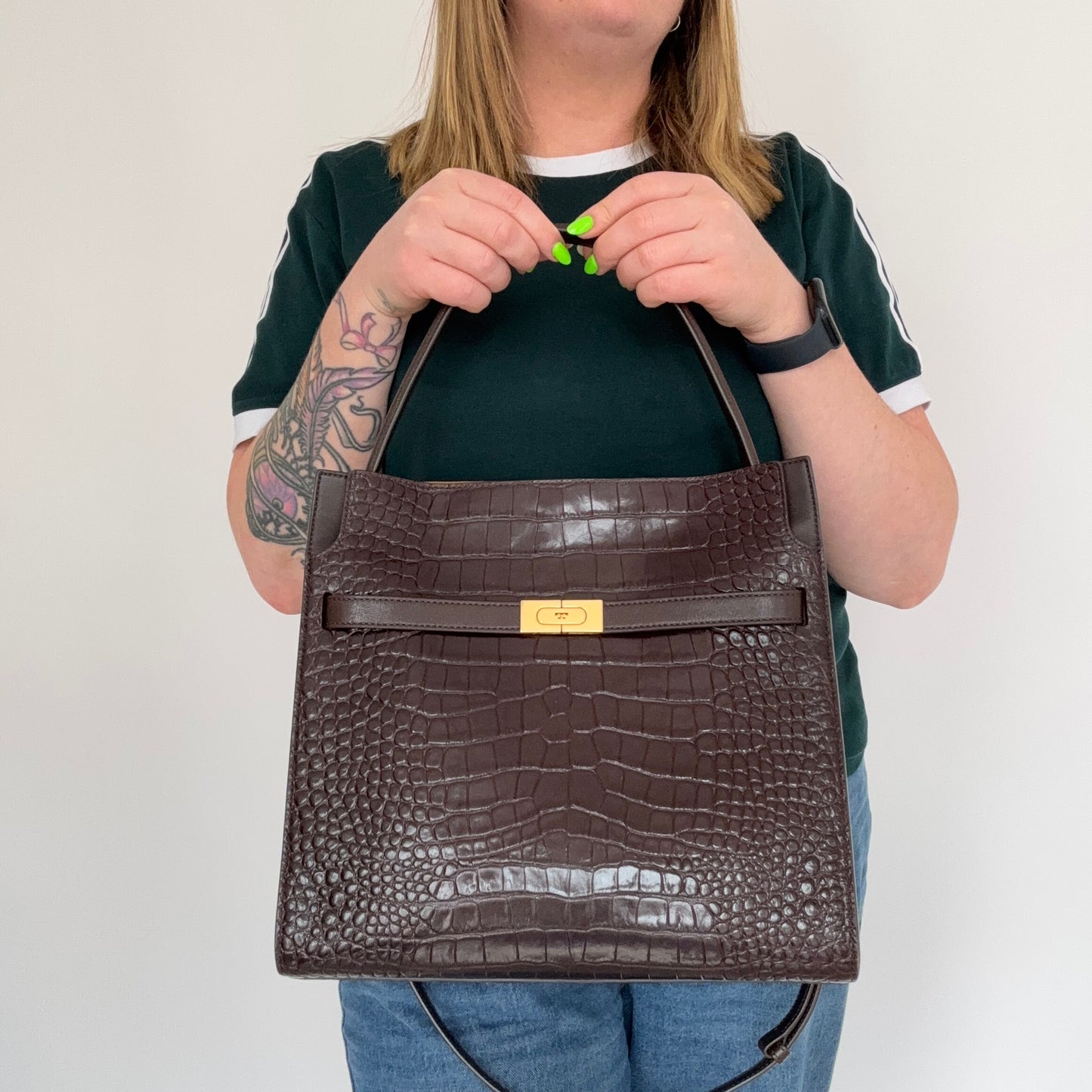 Tory Burch Lee Radziwill Croc Embossed Double Bag Brown Medium