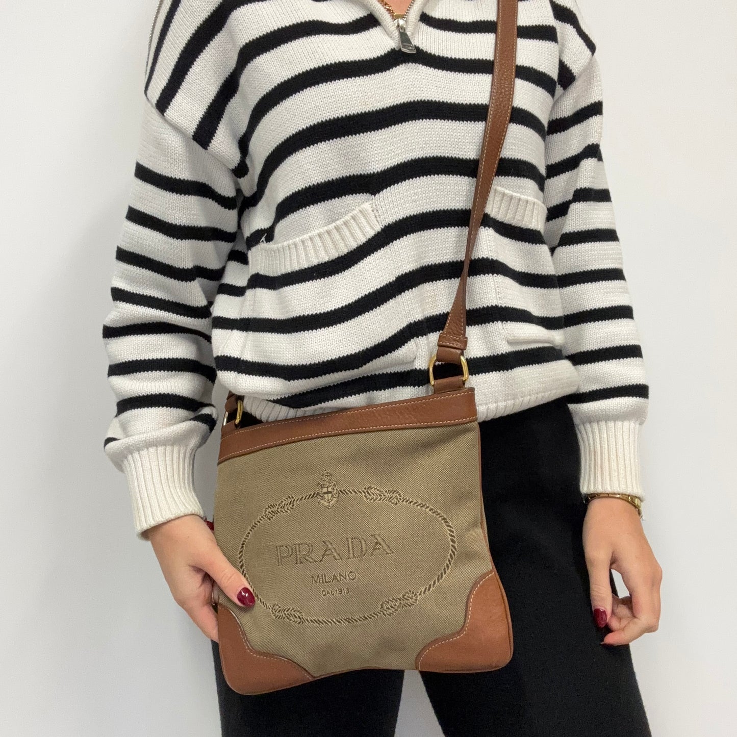 Prada Messenger Bag Logo Canvas and Leather