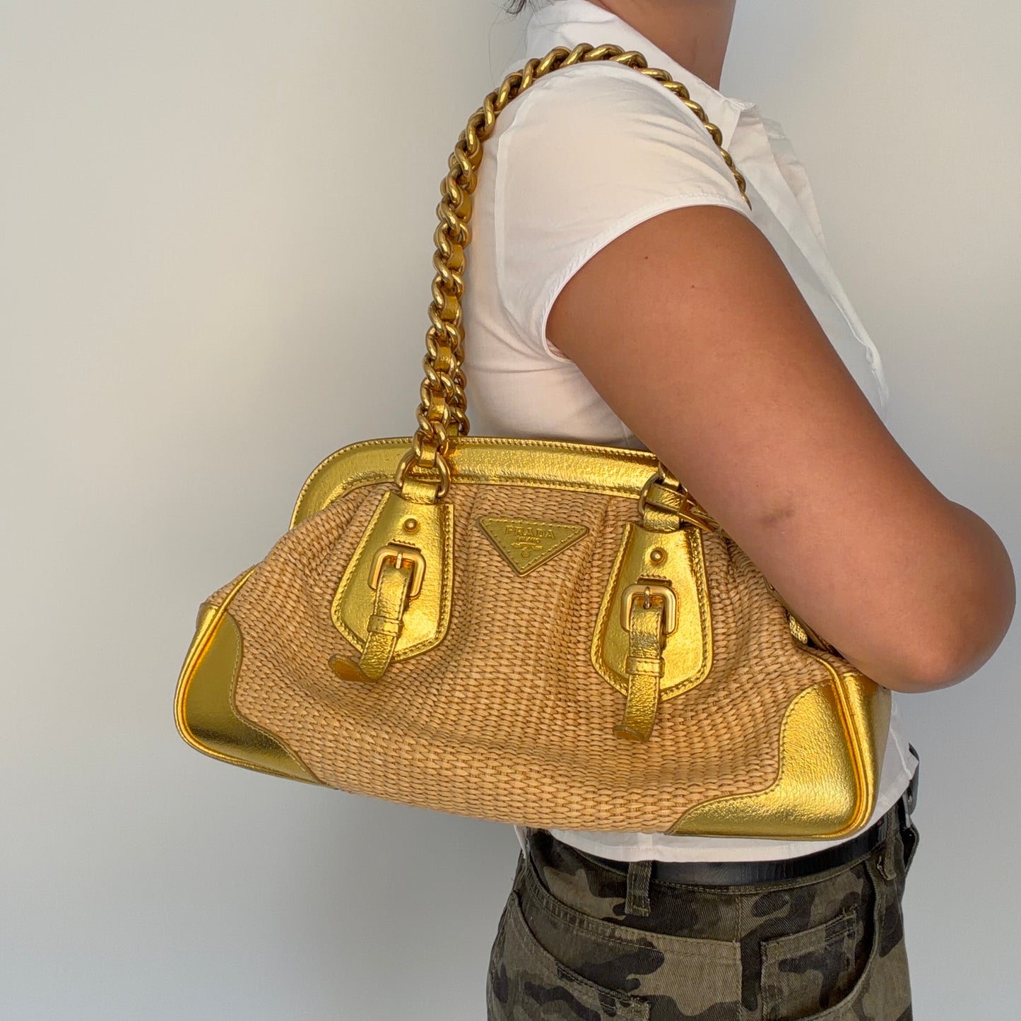 Prada Doctors Style Bag Raffia and Gold Leather
